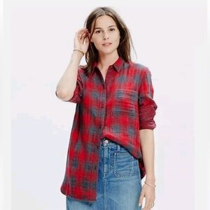 NWT Madewell Ex Boyfriend Button Long Sleeve Shirt Red Lansing Plaid Size Medium